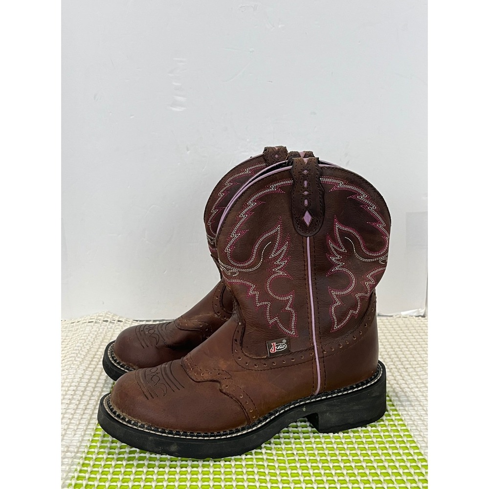Justin Gypsy L9903 Women's 6.5B Brown Leather Western Cowgirl Boots Pink Stitch